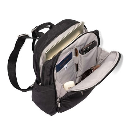 Securtex Anti-Theft Getaway Backpack - 9.4"x13"x5" Travel Safe Bag w/Locking Zippers, Slash-Resistant, RFID - color: Mulberry