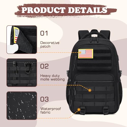 Camo Backpack for Boys, Tactical Boys Backpack with Lunch Box Pencil Case, Kids Backpacks with USB Charging Port, Military Army School Bookbag for Teen Boy Elementary Middle High School Camp - color: Black
