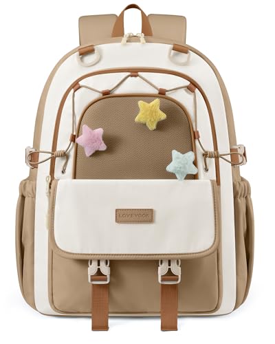 LOVEVOOK School Backpack for Teen Girls, Cute Lightweight Bookbag with Star Charm, Large Capacity Backpack Fits 15.6 Inch Laptop, Water Bottle Holder, Gift for Kids & Students - color: Oat Latte, size: 15.6 Inch