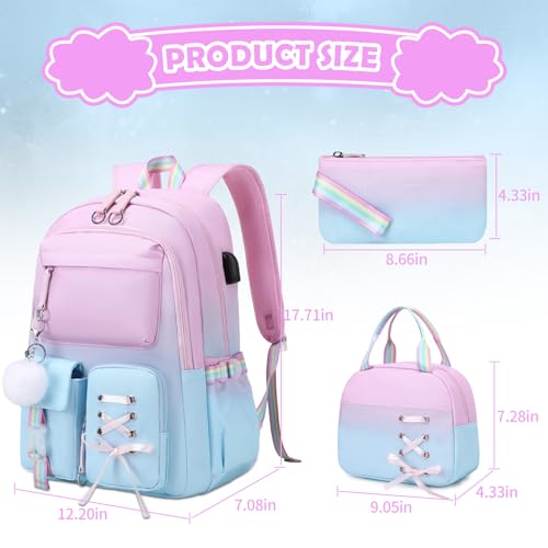 ACESAK Backpacks for Girls, Girls Backpack with Lunch Box and Pencil Case for Teen Kids Elementary Middle High School College Student, Children Backpack Bookbag with USB Charging Port (Pink-blue) - color: Pink-to-blue Gradient