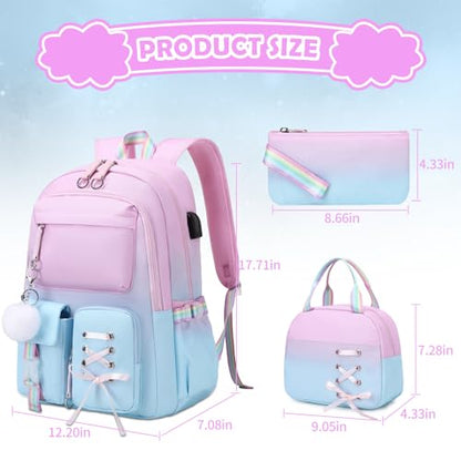 ACESAK Backpacks for Girls, Girls Backpack with Lunch Box and Pencil Case for Teen Kids Elementary Middle High School College Student, Children Backpack Bookbag with USB Charging Port (Pink-blue) - color: Pink-to-blue Gradient