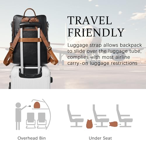 Shrrie Vegan Leather Laptop Backpack for Women 15.6 inch Work Backpack Fashion Travel Backpack Purse for Business College - color: Black With Brown and White