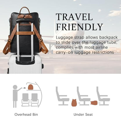 Shrrie Vegan Leather Laptop Backpack for Women 15.6 inch Work Backpack Fashion Travel Backpack Purse for Business College - color: Black With Brown and White