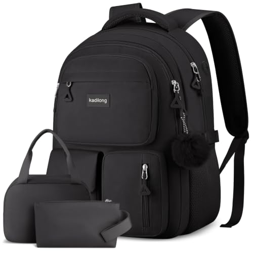 kadilong Set Cute School Backpack for Women,Bookbag Middle High School Bags Teen Girls,Knapsack Back Pack Stuff for College Student,Black - color: 3 Pack-black, size: 15,6 inch