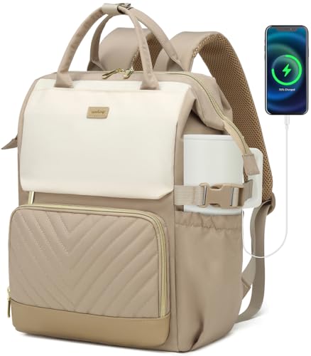 Laptop Backpack for Women, College Bookbag School Backpack for High School Teen Girls, Work Bags with Cup Holder & USB Charger for Teacher Nurse Travel, Beige Khaki - color: Beige Khaki, size: 15.6in