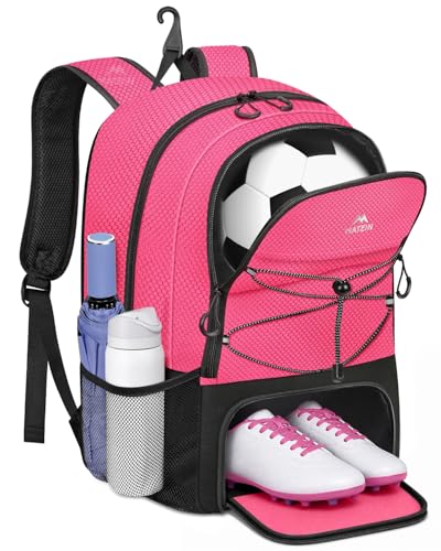 MATEIN Girls Soccer Backpack, Large Basketball Bag with Ball Holder & Shoe Compartment for Tournament & Game Day, Lightweight Youth Sports Bag with Fence Hook Fits 15.6 Inch Laptop, Soccer Team Gifts - color: Pink