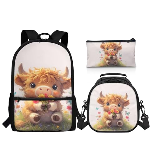 Kids Backpack 3 PCS Set Cartoon Highland Cow Backpacks Set for Boys Girls 3 in 1 School Bag Bookbag with Lunch Box Pen Bag Set for Elementary Kindergarten - color: Highland Cow