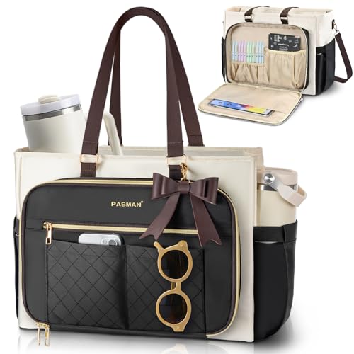 Teacher Tote Bag for Women,Multi-Pocket Laptop & Nurse Work Bag with Cup Holder,Structured Business Briefcase Computer Purse - color: Black-beige-brown, size: 15.6 inches