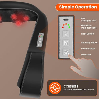 AMZPONY® Cordless Neck Massager for Pain Relief Deep Tissue, Rechargeable Shiatsu Neck and Back Massager with Heat Kneading Shoulder Massage for Body Muscle Pain Relief,Gifts for Mom Dad Friends