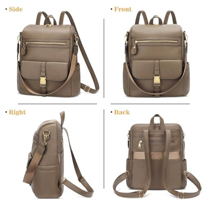 KKXIU Backpack Purse for Women - Multi-pocket Leather backpack for Travel, Work & School with Anti-Theft Lock Pocket, Luggage Strap & Water Bottle Pockets - 13x14x5.2 Inch, 1.67lb (Khaki) - color: Khaki