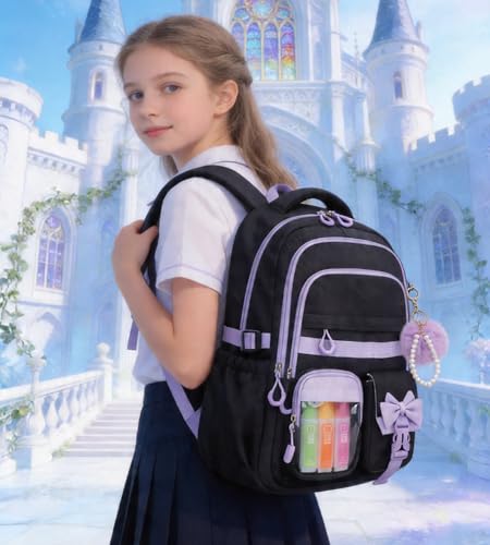 Girls Backpack, 17-Inch Bookbag for Middle & Elementary School, Kawaii Kids Backpack for Girls Ages 6-12(Black Purple) - color: Black Purple