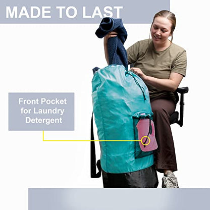 Turquoise Laundry Backpack with Mesh Pocket, Adjustable Straps and Drawstring Closure - Large Portable Hamper for College, Apartment and Laundromat - color: Turquoise