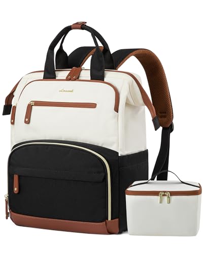 LOVEVOOK Lunch Backpack for Women, 17 Inch Laptop Bag with Insulated Cooler Lunch Box, Work Backpack for Teacher Nurse, Travel Backpack Lunch Bag for Camping Picnic Daily Use - color: Black-white-brown, size: 17 Inch