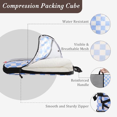 U+U 4 Set Compression Packing Cubes - Ultralight Travel Organizers, Space-Saving Suitcase Organizer, Expandable Packing Cubes for Travel, Business Trip and Family Vacation (Blue Checkered)