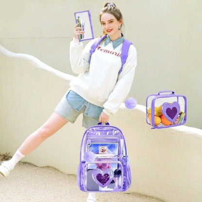UFNDC 3PCS Clear Backpack Heavy Duty, See Through School Bag for Girls, Sequins Transparent Bookbag for Women - color: Purple Love Clear Backpack Set