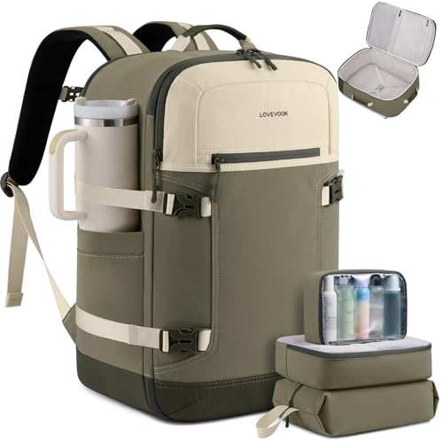 LOVEVOOK 40L Travel Backpack for Women & Men, Airline Approved Carry On Backpack with 3 Packing Cubes, TSA Personal Item Bag, Waterproof Weekender Overnight Backpack Fits 17" Laptop - color: Beige - Green Beans - Olive Green, size: Large-40L-4Pcs