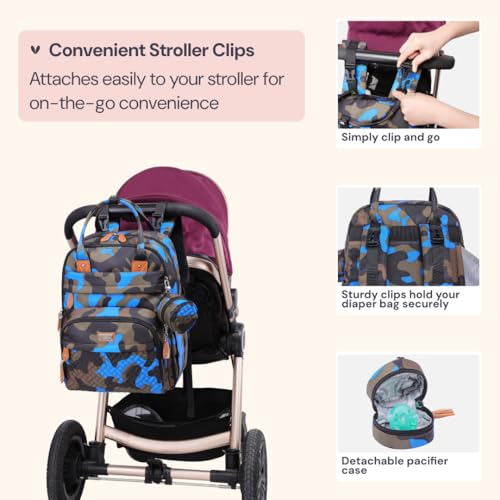 BabbleRoo Diaper Bag Backpack - Baby Essentials Travel Tote - Multi Function Water Resistant Diaper Bag, Travel Essentials Baby Bag with Changing Pad, Stroller Straps & Pacifier Case - Blue Camo - color: Camo Blue, size: Large