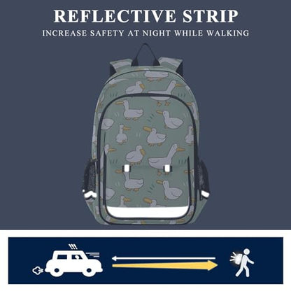 Cartoon Duck Pattern Green Backpack Girls Boys Elementary School Bags Bookbags Laptop Backpack Travel Daypack Safe Reflective Stripes