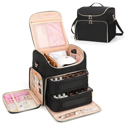 Extra Large Nail Polish Organizer Case Holds 86 to 100+ Bottles Organizer & Nail Lamp, Supply Storage Carrying Bag with 2 Removeable Pouches, Portable Nail Tech Travel Box (Black, 86 Slots) - color: Black