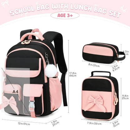 Kids Backpack for Girls, 3PCS School Backpack Set with Insulated Lunch Box & Pencil Case, Waterproof Lightweight Bookbag for Elementary & Middle School, Cute Bow Travel Daypack Black-Pink - color: Black-pink
