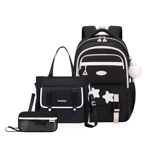 3Pcs Black Backpack for Girls, Teen Girls Backpack Set with Tote Bag for Elementary Middle School Kids, with Star Pins and Furry Pendant, A08-3Pcs Black - color: A08-3pcs Black