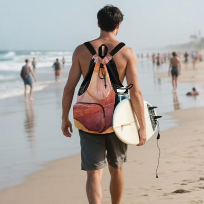 Drawstring Gym Bags For Men Women Sports Bag With Pockets String Back Pack Dry Wet Separation Marble Peach Burgundy - color: Color 22