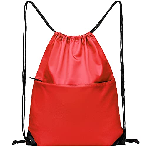 Drawstring Backpack Sports Water Resistant String Bag Sport Gym Sackpack for Women Men Large with Zipper, Red - color: Red