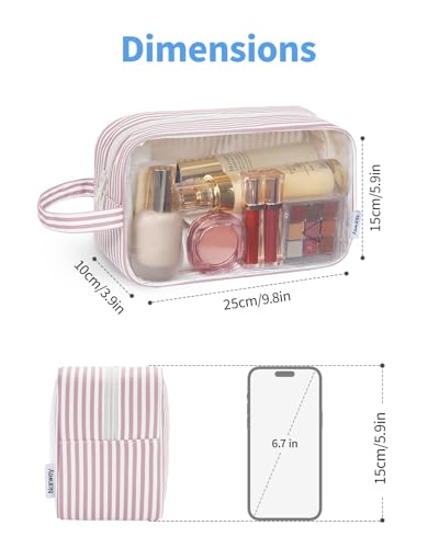 Narwey Clear Toiletry Bags for Traveling Women Men, Clear Travel Bags for Toiletries Makeup Bag Cosmetic Bag with Zipper, Make Up Organizer, Skincare Bag (Dusty Pink Stripe) - color: YB-Dusty Pink Stripe