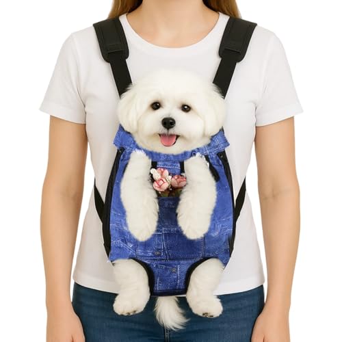 Dog Backpack Carrier, Front Pocket for Essentials, Legs Out Carrying Sling Travel Bag for Small Medium Dogs 2.5-4 Lbs, Soft Wearable Puppy Chest Carry Backpacks for Walking/Hiking/Camping/Traveling - color: Denim Print Fabric, size: S