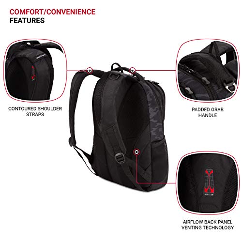 SWISSGEAR Cecil Laptop Backpack, Fits Most 16-Inch Laptops, Three-Compartment Design, Airflow Back Panel, Black, 27.3L, 18-Inch - color: Black Cod/Camo