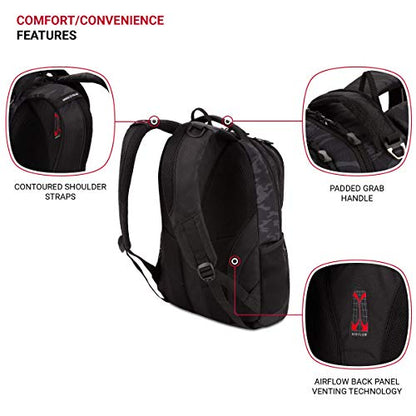 SWISSGEAR Cecil Laptop Backpack, Fits Most 16-Inch Laptops, Three-Compartment Design, Airflow Back Panel, Black, 27.3L, 18-Inch - color: Black Cod/Camo