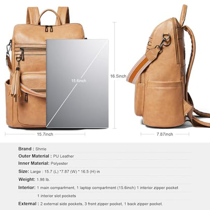 Shrrie 15.6 inch Laptop Backpack for Women,Large Leather Purse,Travel Backpacks Carry on,Water Resistant Casual Laptop Backpacks,College Backpack,Work Backpack for Women,Two-tone Camel Brown - color: Two-tone Camel Brown