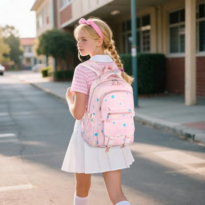 RRTGNEI Kids High Middle School Backpack for Girls 5-12 Kawaii Travel Star Bookbag,Pink Star - color: Pink Star