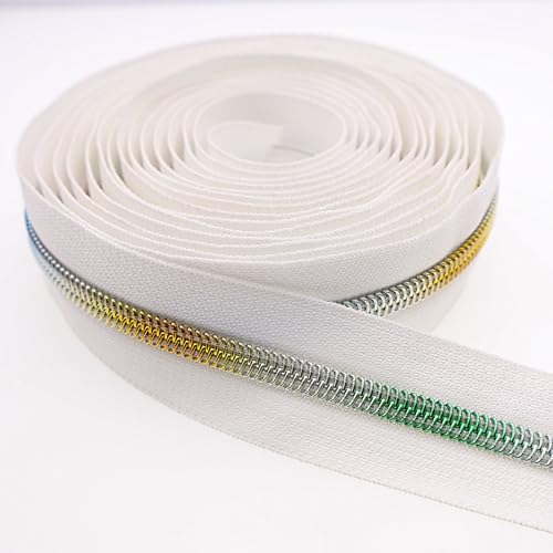 #5 Colorful Metallic Nylon Coil Zippers by The Yard, Bulk White Zipper Tape 10 Yards with 25Pcs Pulls for DIY, Sewing, Craft, Bags YIGUANXIN - color: White-Rainbow teeth