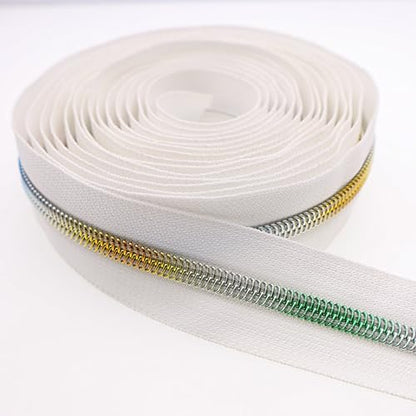 #5 Colorful Metallic Nylon Coil Zippers by The Yard, Bulk White Zipper Tape 10 Yards with 25Pcs Pulls for DIY, Sewing, Craft, Bags YIGUANXIN - color: White-Rainbow teeth