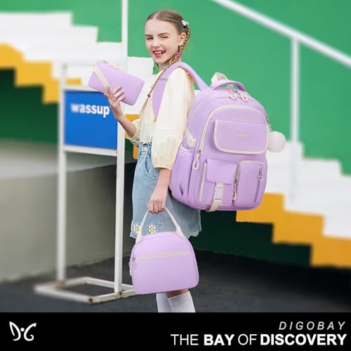 DIGOBAY Backpacks for Girls, 3PCS School Backpack with Lunch Box Pencil Pouch for Teen Girls Kids Elementary Primary Middle High College Daypack School bag Bookbag Set（Purple） - color: Purple