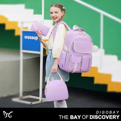 DIGOBAY Backpacks for Girls, 3PCS School Backpack with Lunch Box Pencil Pouch for Teen Girls Kids Elementary Primary Middle High College Daypack School bag Bookbag Set（Purple） - color: Purple