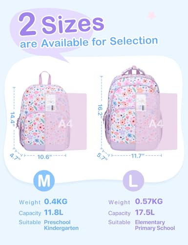 VASCHY Kids Backpacks, 12L Toddler & 17.5L School Backpacks, Lightweight Water-Resistant for Boys and Girls Ages 3-12 - color: Lilac Bloom-s, size: Small