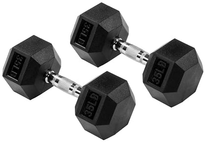 Fitvids Rubber Encased Hex Dumbbell – 35LB – 35LB Pair – Black