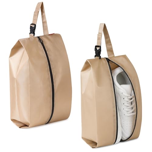 Travel Shoe Bags with Buckle Set of 2 – Clip On Shoes Pouch Organizer with Zipper, Portable Storage Bags for Packing, Gym, Sports, Golf, Soccer, Bowling, Basketball (Khaki) - color: Khaki, style: 2 Pack