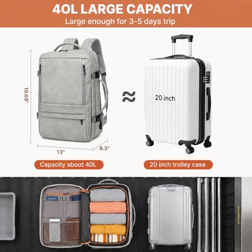 40L Travel Backpack for Men, PU Leather Carry On Backpack Flight Approved with Laptop Sleeve, Expandable Travel Bags for College Travel (Grey) - color: Grey