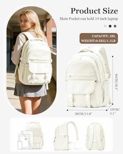 Waterproof Aesthetic Backpack For School, Cute High School Bookbag For Teen Girls Boys, Lightweight Casual Daypack Backpack For Women Men, College Backpack With Lots Of Pockets（Beige） - color: Beige