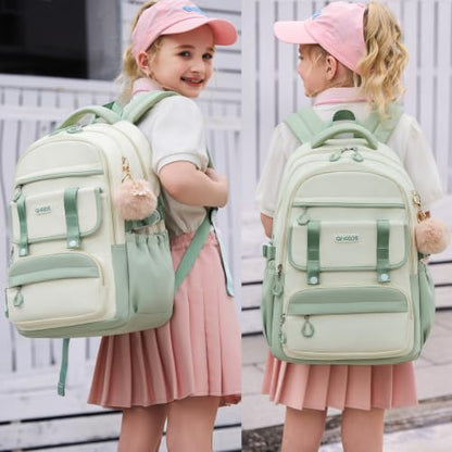 School Backpack for Girls, Laptop Backpack 15.6 Inch Kids Elementary Middle High School Bag Anti Theft Cute College Bookbags for Teens Girls Women Students Casual Travel Daypack,Green Beige - color: Green