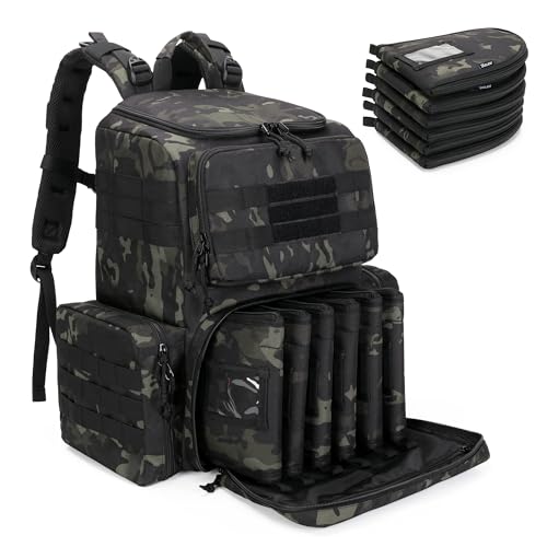 DSLEAF Tactical Range Pistol Backpack with 6 Pistol Cases, Gun Backpack with 9X Magazine Slots for Shooting and Hunting - color: Camo