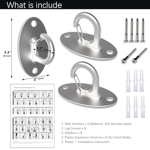 FITKIT 3-Pack Wall Mount Anchor for Resistance Bands, 304 Stainless Steel No-Weld Design with Spring Snap for Home Gym & Suspension Straps