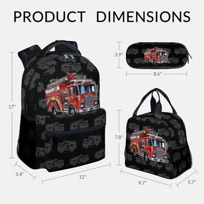 Kids Backpack Set for Boys, 17 Inch Backpacks with Lunch Box for Kids, 3 in 1 Cute Fire Truck Bookbag for School Travel - color: Style-4