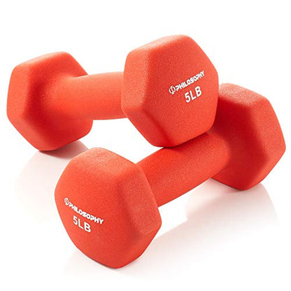 Philosophy Gym Set of 2 Neoprene Dumbbell Hand Weights, Hexagon Shape - style: Red 5 lb Pair