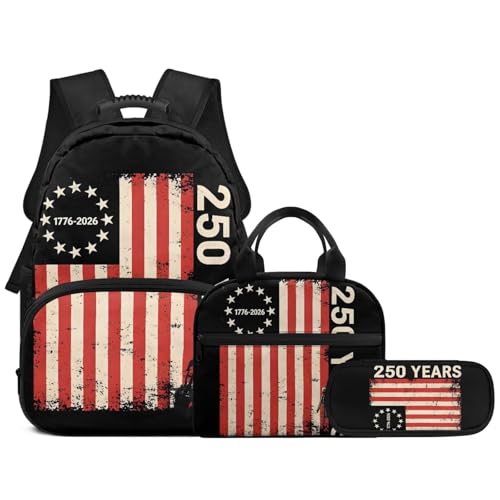3PCS Backpacks for Boys Girls, USA Flag 250 Years Lightweight 3 in 1 School Bag with Insulated Lunch Box Pencil Case for Middle High School Students - color: Usa Flag 250 Years