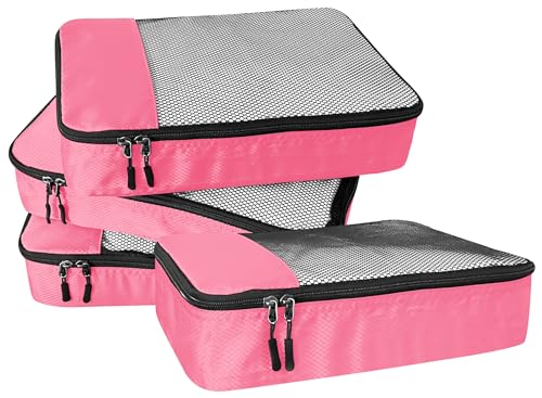 WTREE 4-Piece Packing Cubes Travel Accessories Set for Suitcases - Luggage Organizer Bags with Double Zipper - Mesh Top - Medium - Pink - color: Pink, size: Medium