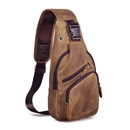Le'aokuu Men Fashion Casual Tea Designer Travel Hiking Crossbody Chest Sling Bag Rig One Shoulder Strap Bag Men Leather 8015 | Fashion - color: C Brown